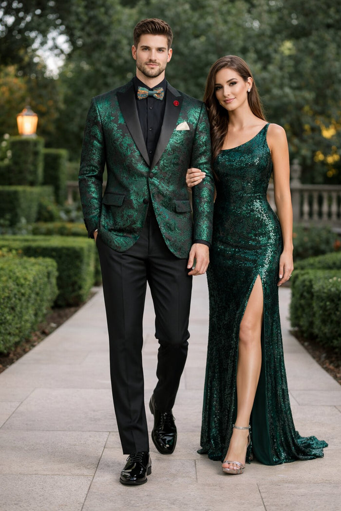 Emerald Green Paisley Tuxedo Suit - Prom Floral Tuxedo Suit - Groom Wedding Suit