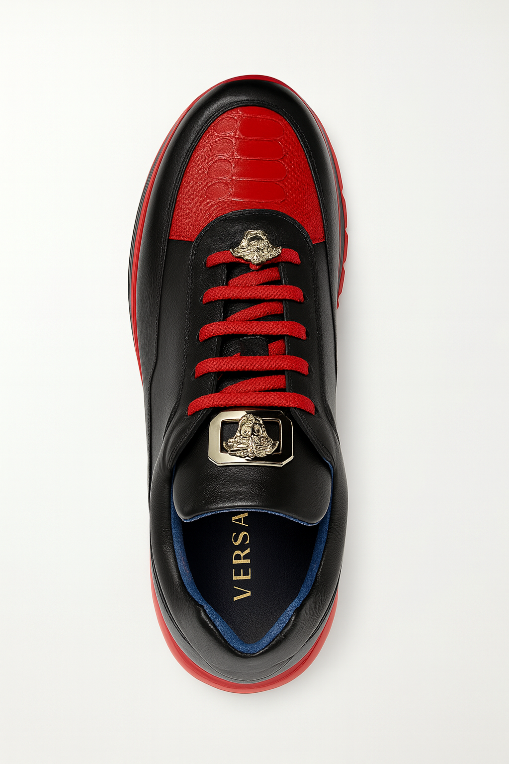 Belvedere  Flash Men's Shoes Black & Red Exotic Ostrich / Calf-skin Leather Casual Sneakers