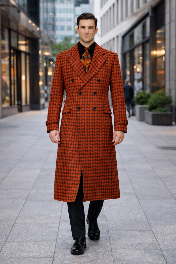 Men's Full Length Top Coat - Wide Fashion Lapel Rust Houndstooth