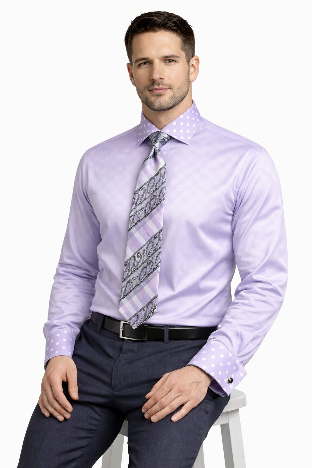 Men's Daniel Ellissa Lavender Polka Dot French Cuff Dress Shirt
