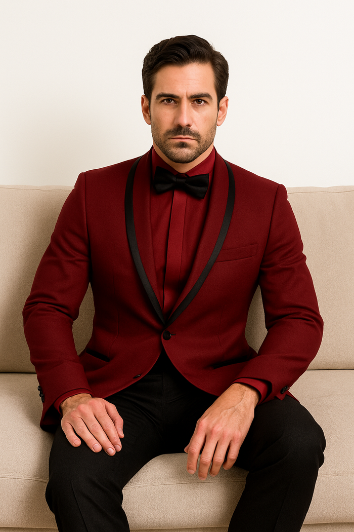 Prom ~ Wedding Tuxedo Dinner Jacket Burgundy and Black Trim