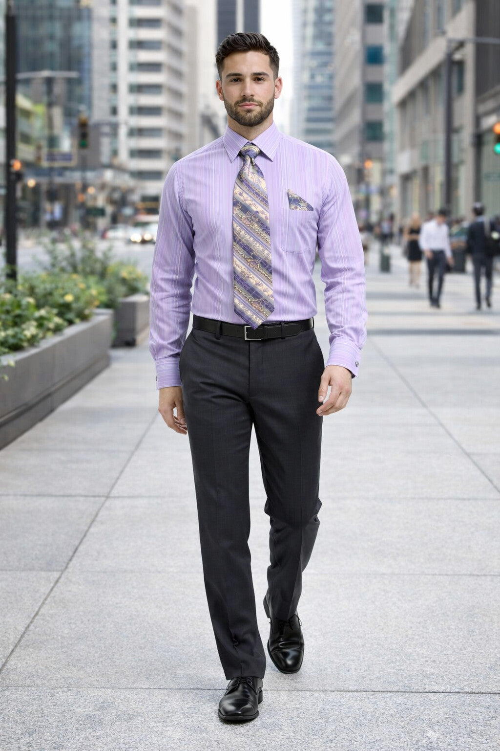 Tonal Stripe French Cuff Shirt Set - Lavender