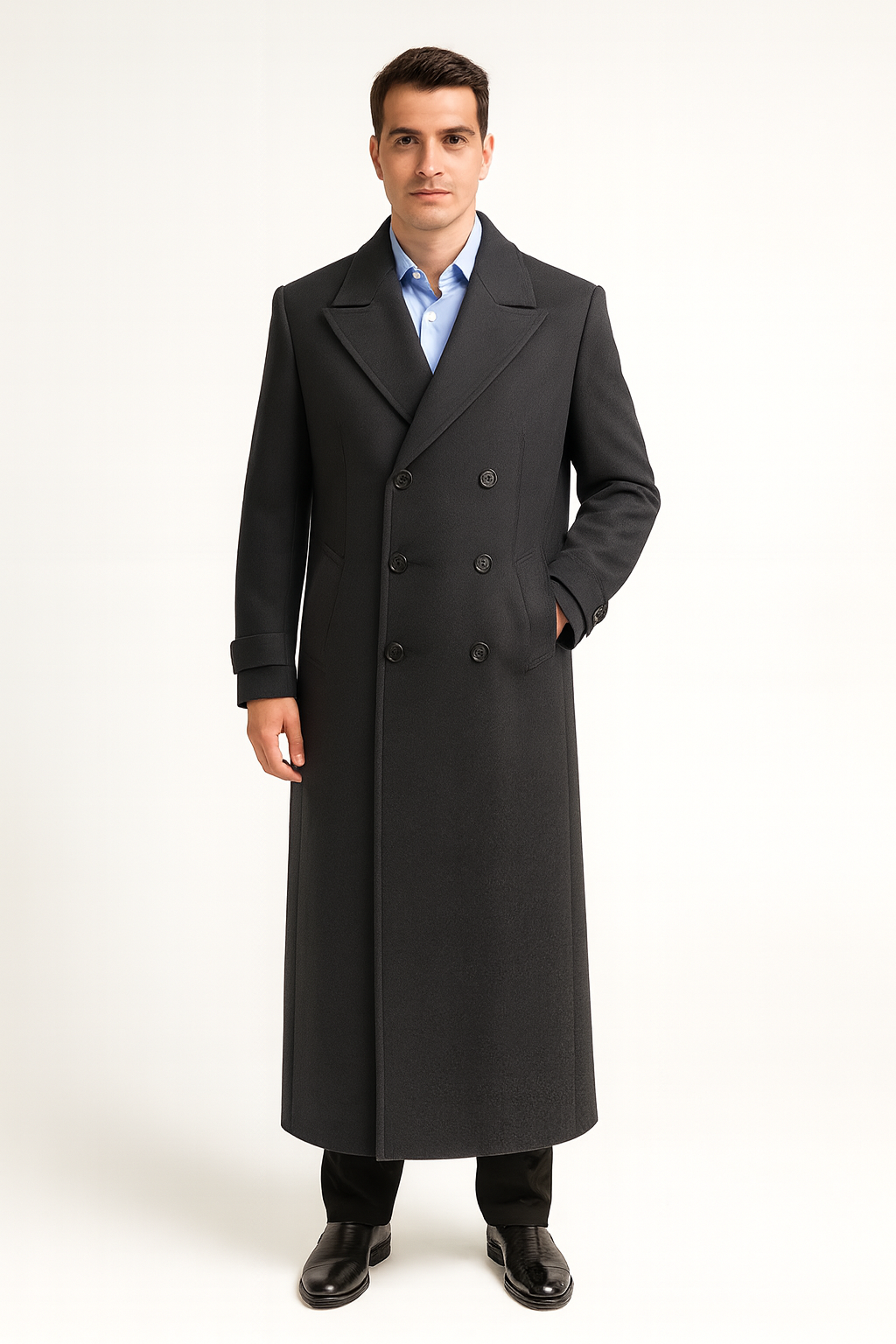 Men's Full Length Overcoat Navy Blue Wool Gabardine Double Breasted Trench Coat