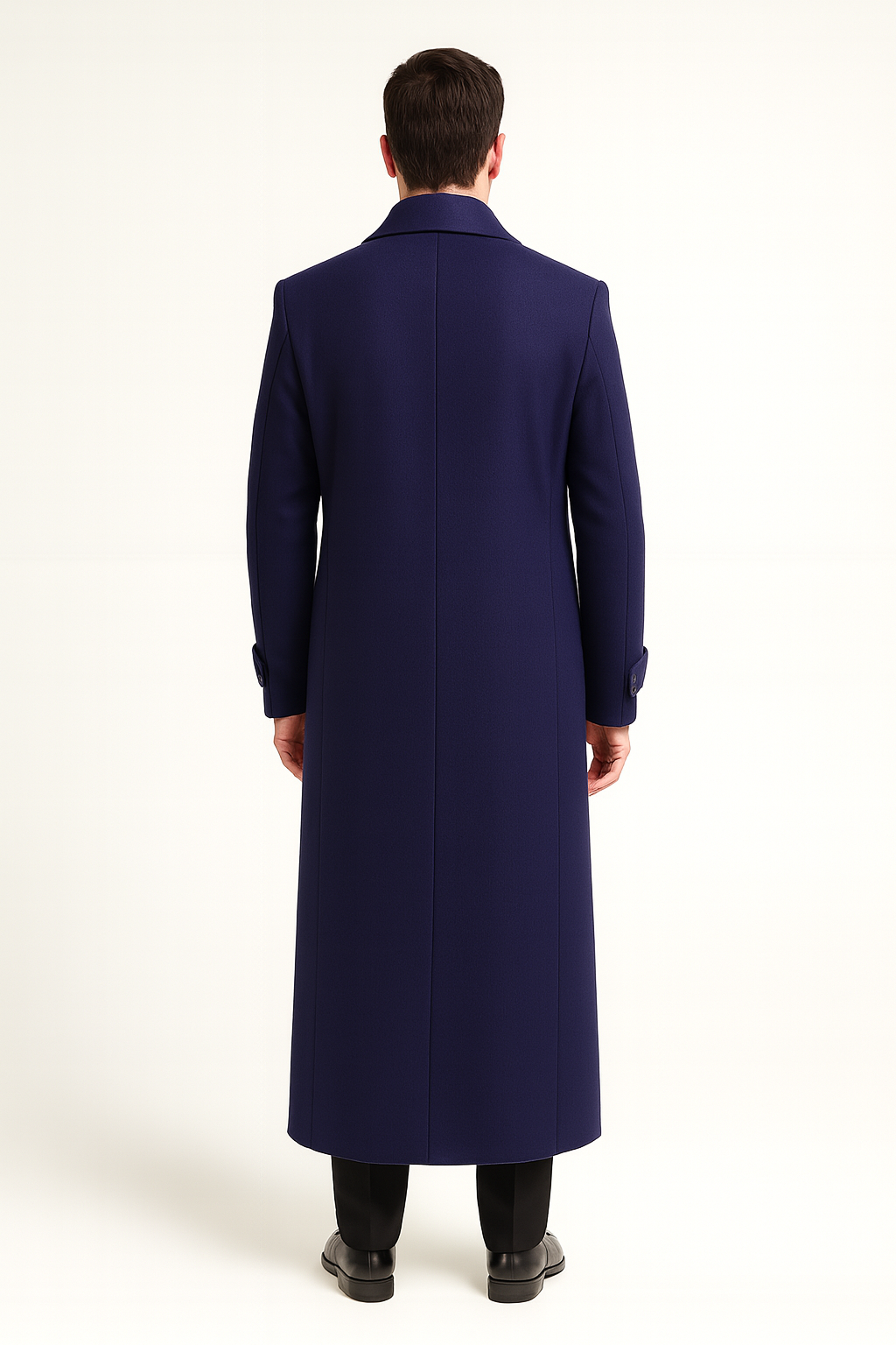 Men's Full Length Overcoat Navy Blue Wool Gabardine Double Breasted Trench Coat