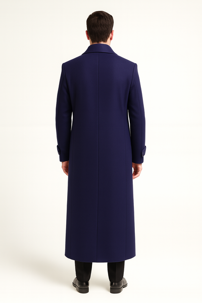 Men's Full Length Overcoat Navy Blue Wool Gabardine Double Breasted Trench Coat