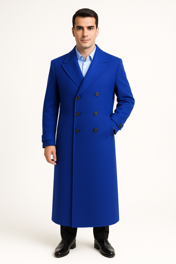Men's Full Length Overcoat Navy Blue Wool Gabardine Double Breasted Trench Coat