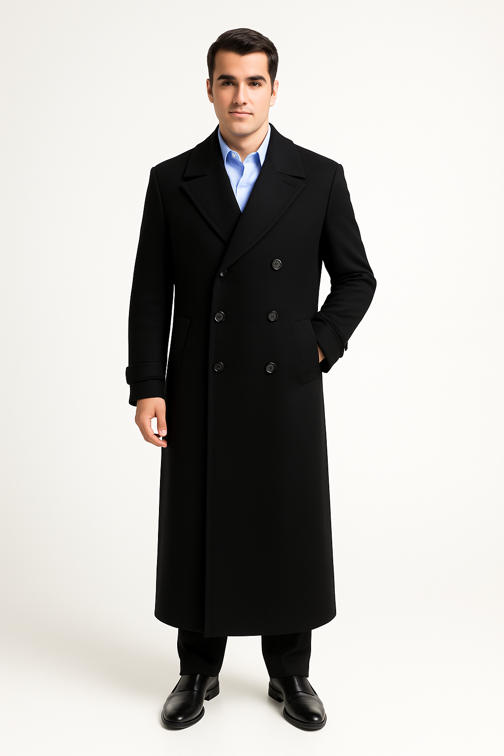 Men's Full Length Overcoat Navy Blue Wool Gabardine Double Breasted Trench Coat