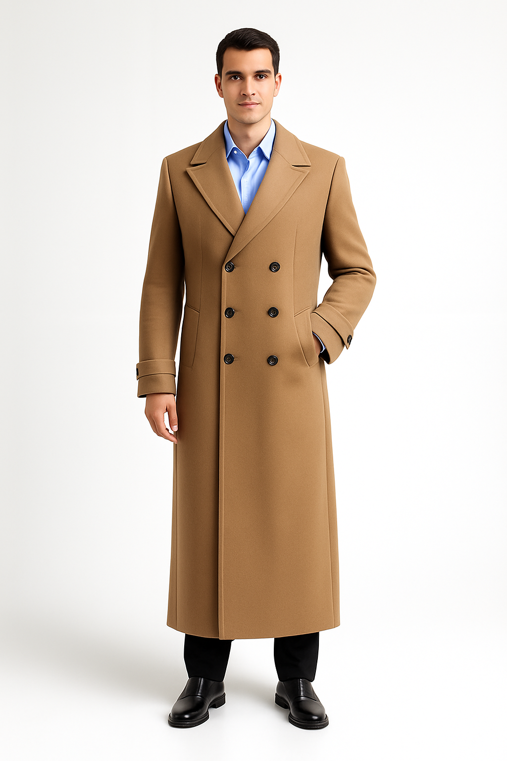 Men's Full Length Overcoat Navy Blue Wool Gabardine Double Breasted Trench Coat