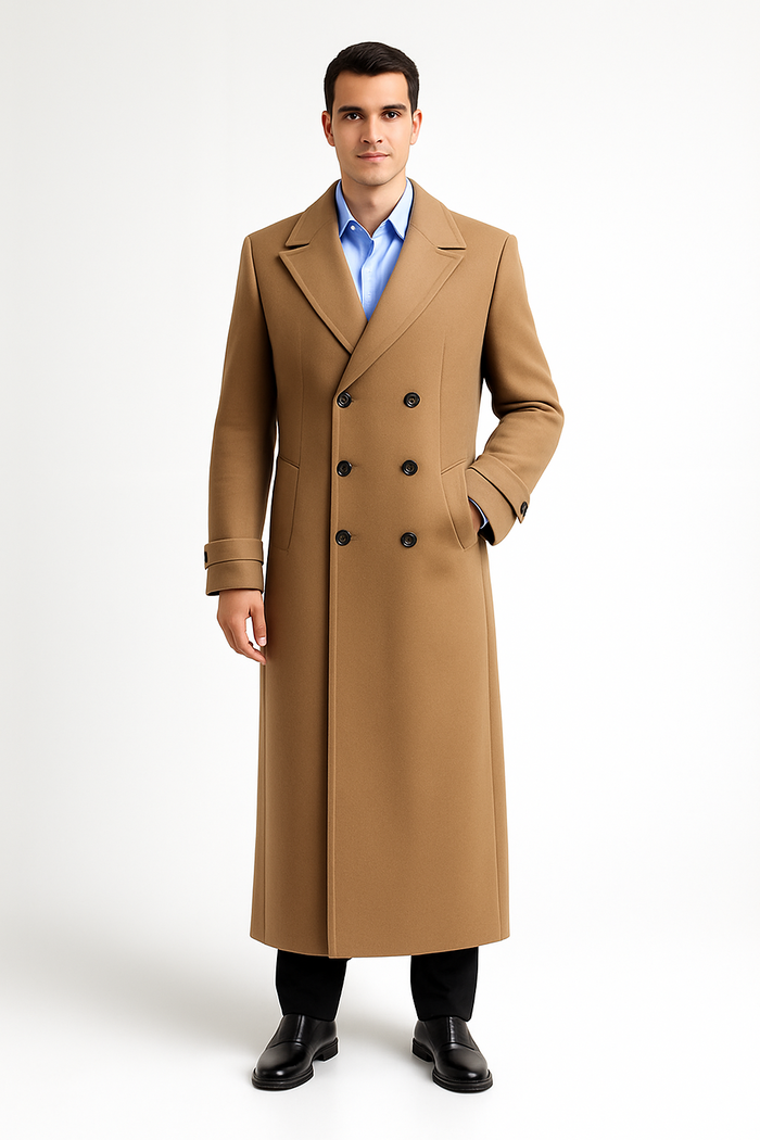 Men's Full Length Overcoat Navy Blue Wool Gabardine Double Breasted Trench Coat