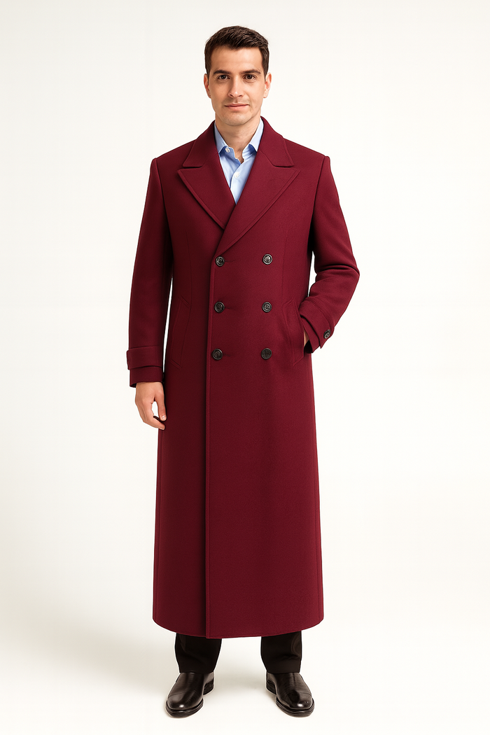Men's Full Length Overcoat Navy Blue Wool Gabardine Double Breasted Trench Coat