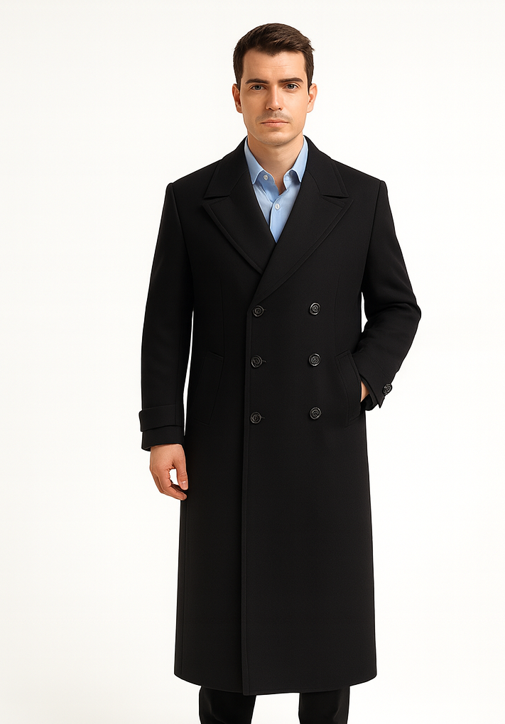 Men's Full Length Overcoat Navy Blue Wool Gabardine Double Breasted Tr