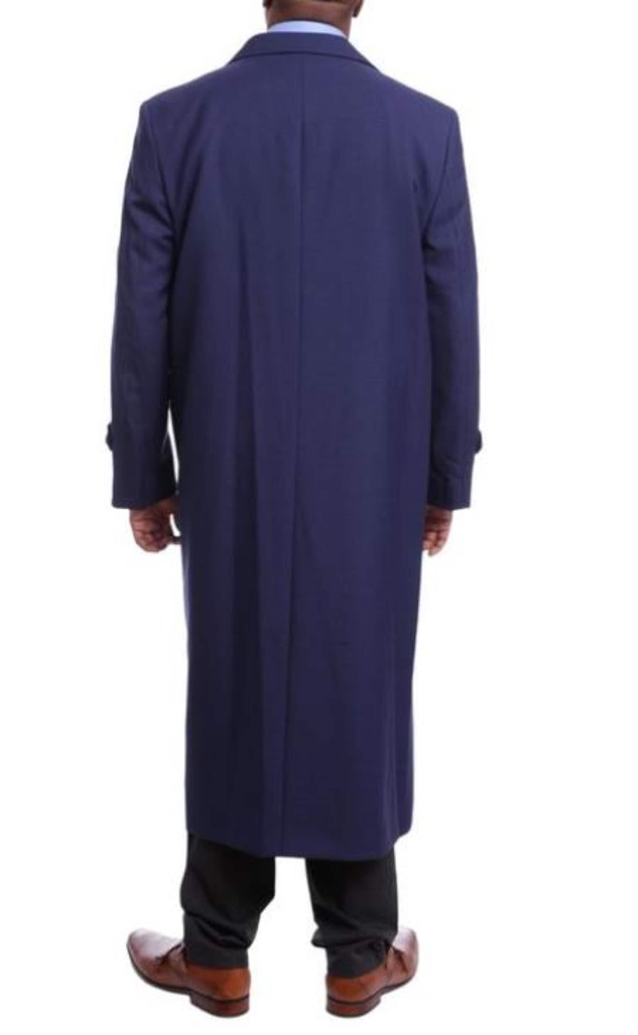 Navy Wool Double Breasted Full Length Overcoat