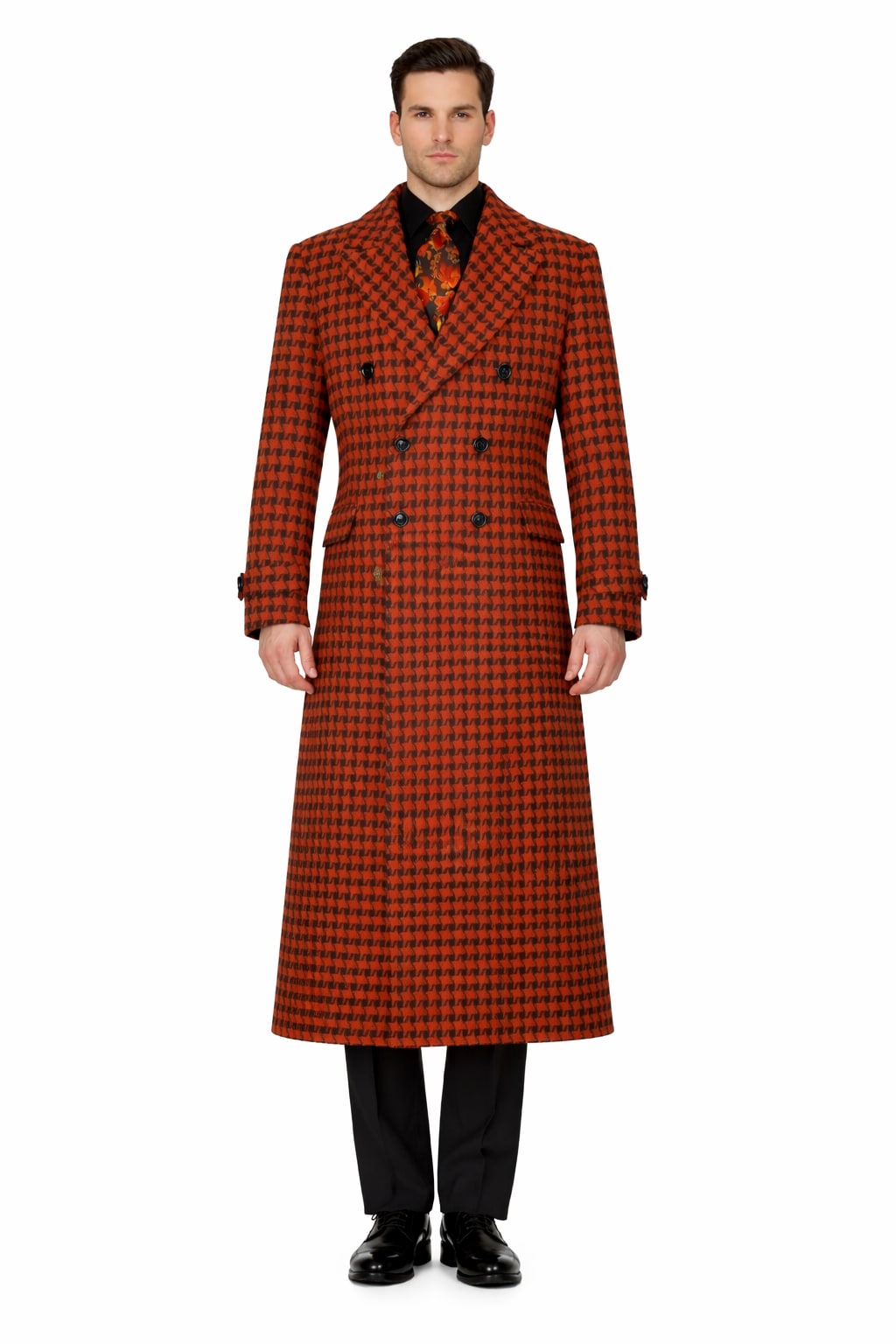 Men's Full Length Top Coat - Wide Fashion Lapel Rust Houndstooth