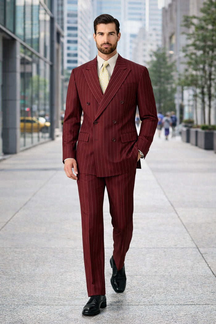 Elegant Wine Pinstripe Double Breasted Suit for Men – Fully Lined Classic Formal Style