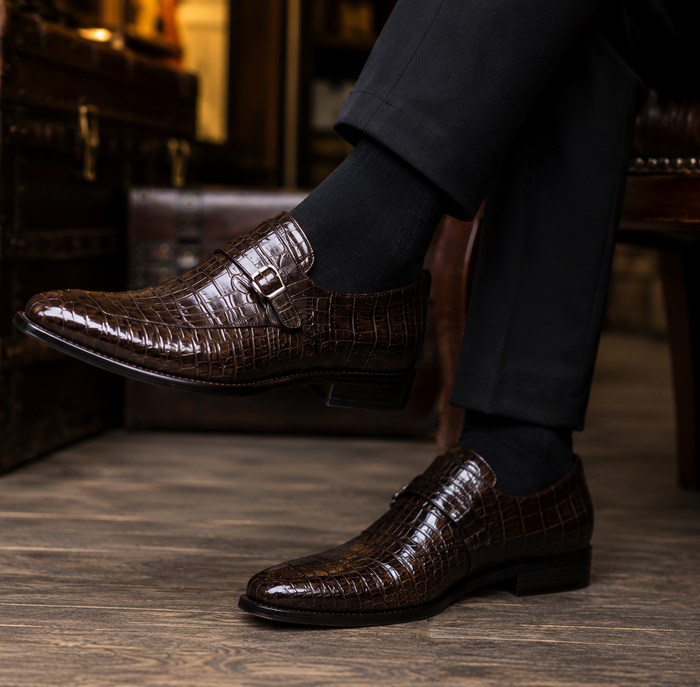 Men's Genuine Crocodile Los Altos Lizard Style Brown Dress Shoes