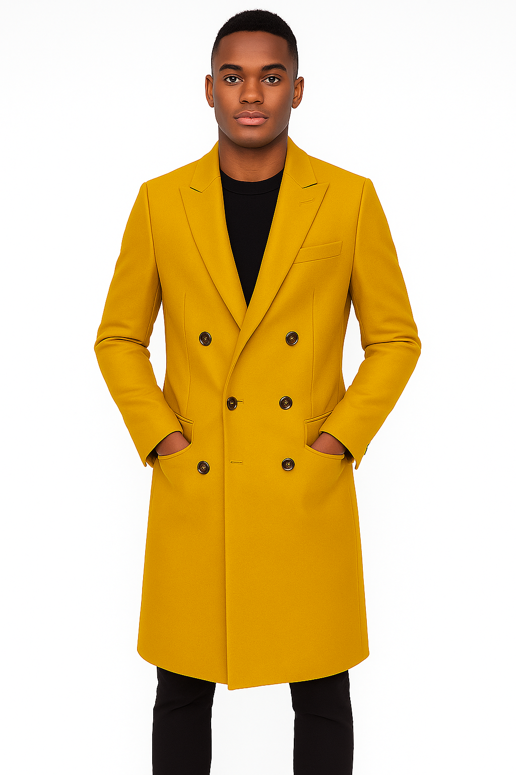 Gold Double Breasted 44-Inch Wool Overcoat
