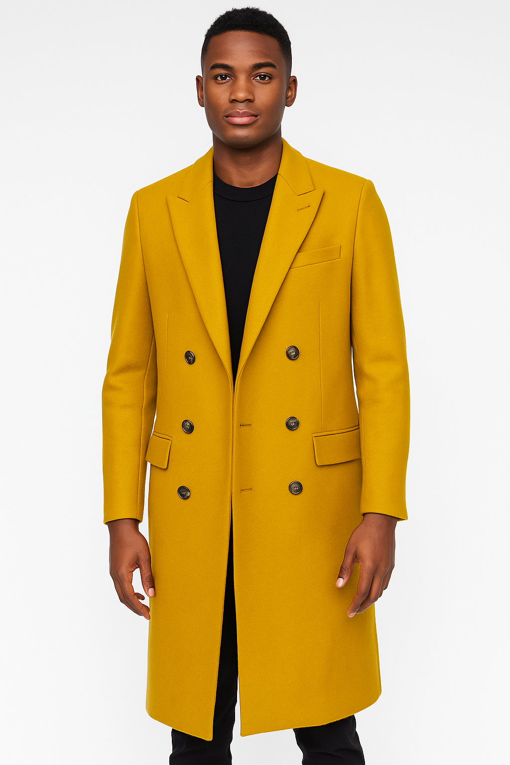 Gold Double Breasted 44-Inch Wool Overcoat