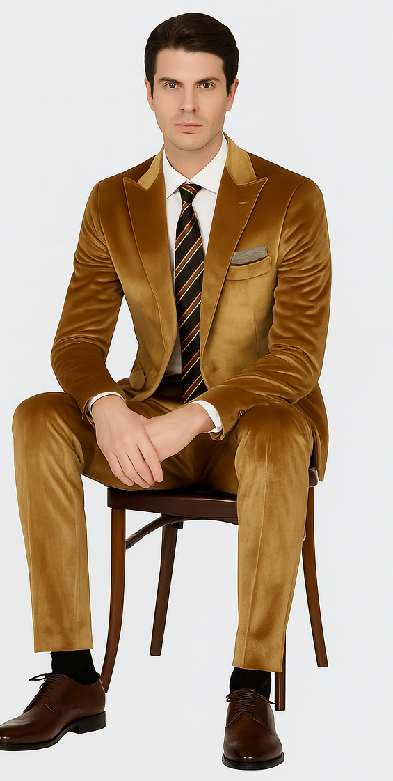Gold Velvet Peak Lapel Skinny Suit by Tazzio