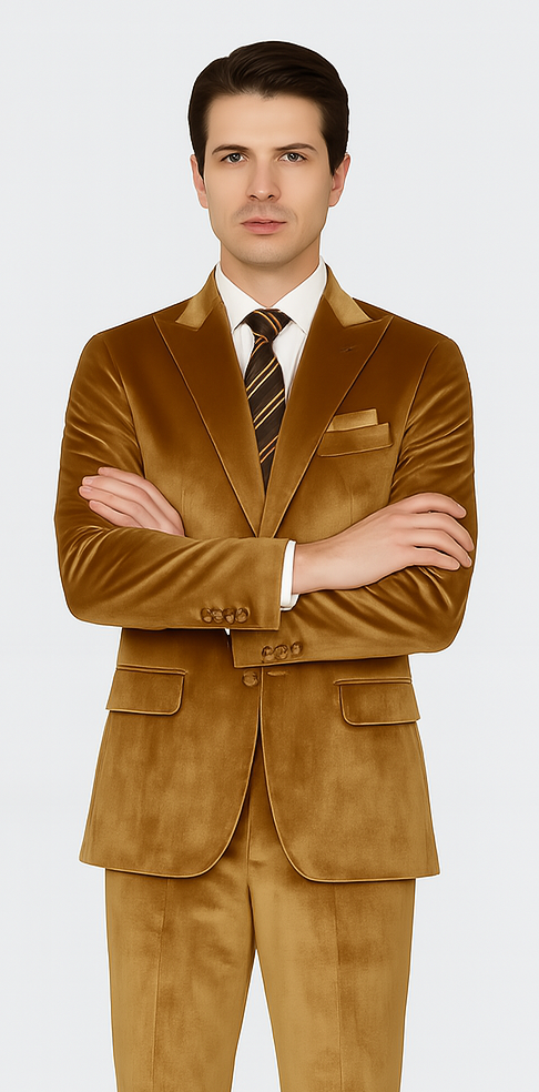Gold Velvet Peak Lapel Skinny Suit by Tazzio