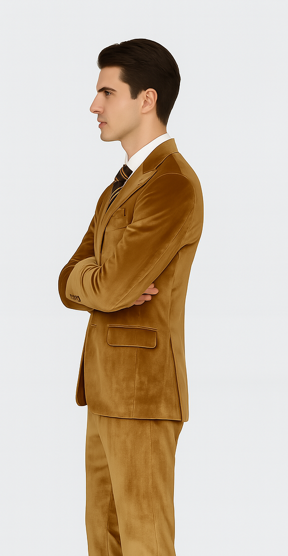 Gold Velvet Peak Lapel Skinny Suit by Tazzio