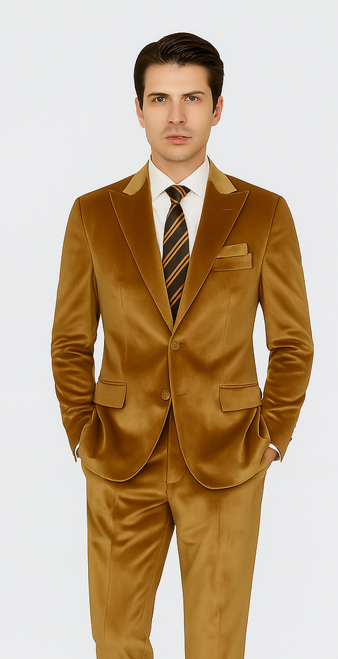 Men’s Gold Velvet Suit – Tazzio 2-Piece Slim Fit Blazer and Pants Formalwear Set