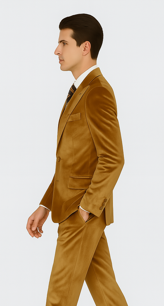 Gold Velvet Peak Lapel Skinny Suit by Tazzio