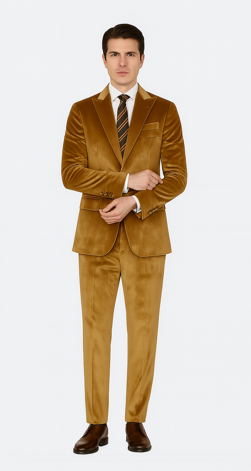 Gold Velvet Peak Lapel Skinny Suit by Tazzio
