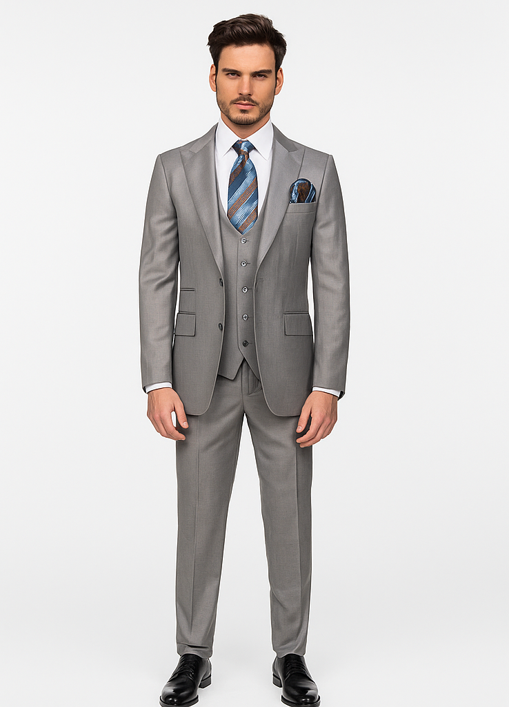 Men’s Gray Slim Fit 3-Piece Suit by Rossiman - With Vest & Tailored Trousers – Italian-Inspired Modern Elegance