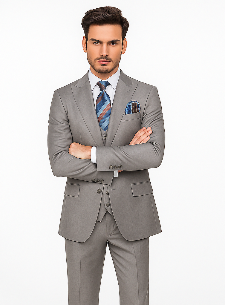Men’s Gray Slim Fit 3-Piece Suit by Rossiman - With Vest & Tailored Trousers – Italian-Inspired Modern Elegance