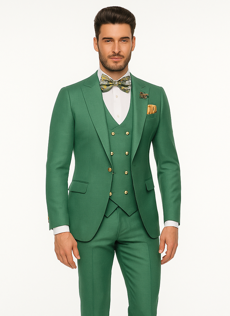 Men’s Green Slim Fit Suit by Rossiman | Stylish Double-Breasted Vest & Flat Front Pants – Italian Tailored 3-Piece Luxury Suit