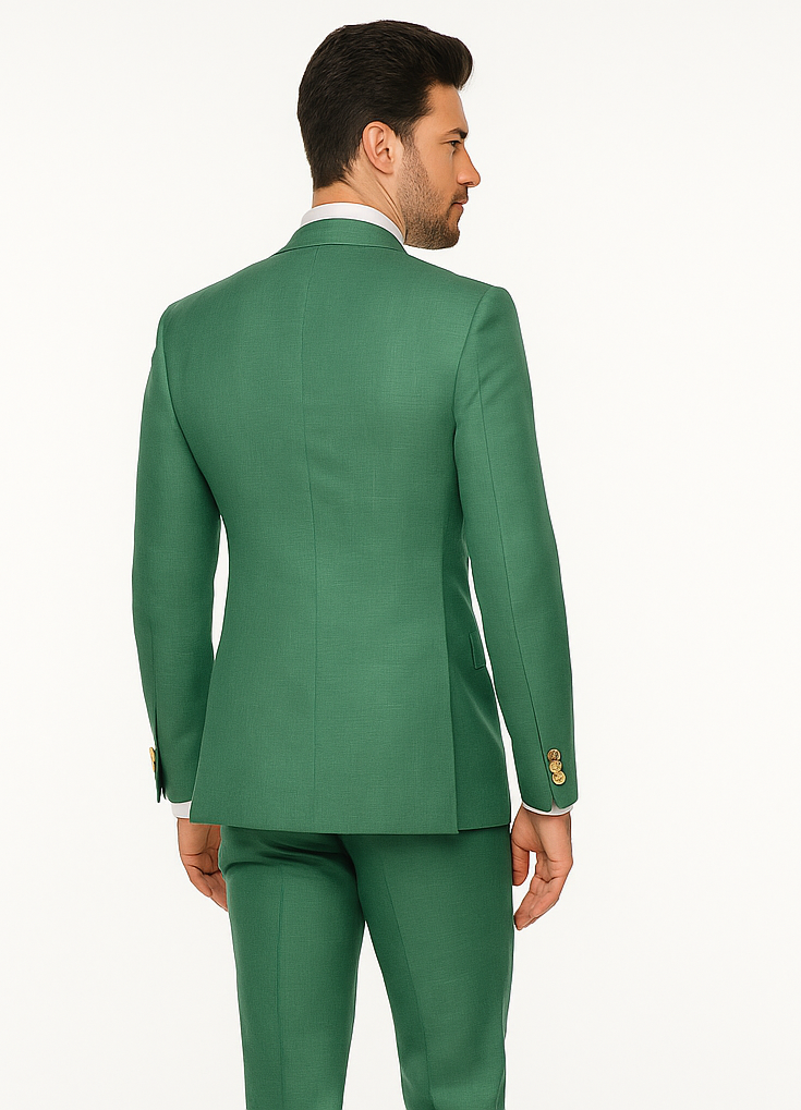 Men’s Green Slim Fit Suit by Rossiman | Stylish Double-Breasted Vest & Flat Front Pants – Italian Tailored 3-Piece Luxury Suit
