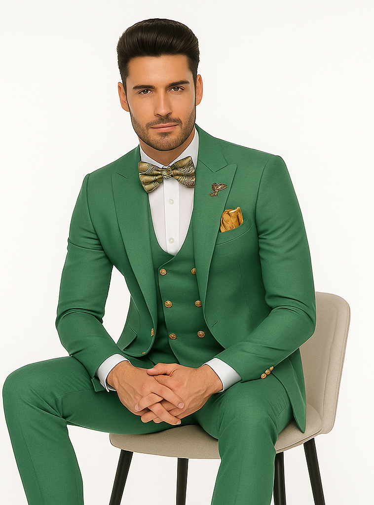 Men’s Green Slim Fit Suit by Rossiman | Stylish Double-Breasted Vest & Flat Front Pants – Italian Tailored 3-Piece Luxury Suit