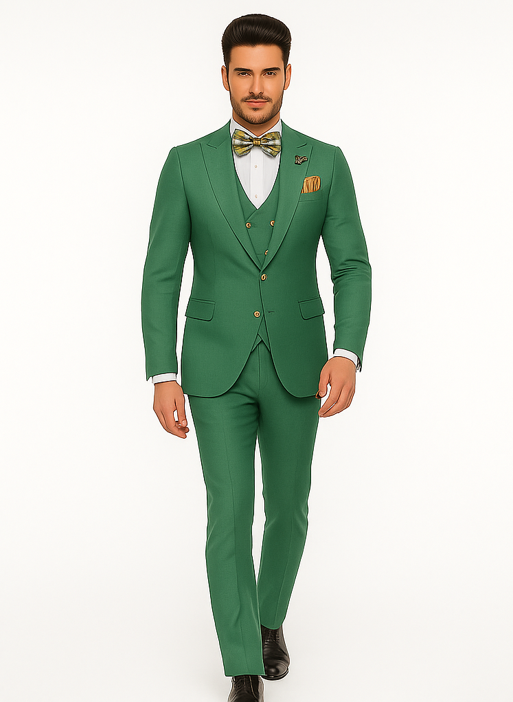 Men’s Green Slim Fit Suit by Rossiman | Stylish Double-Breasted Vest & Flat Front Pants – Italian Tailored 3-Piece Luxury Suit