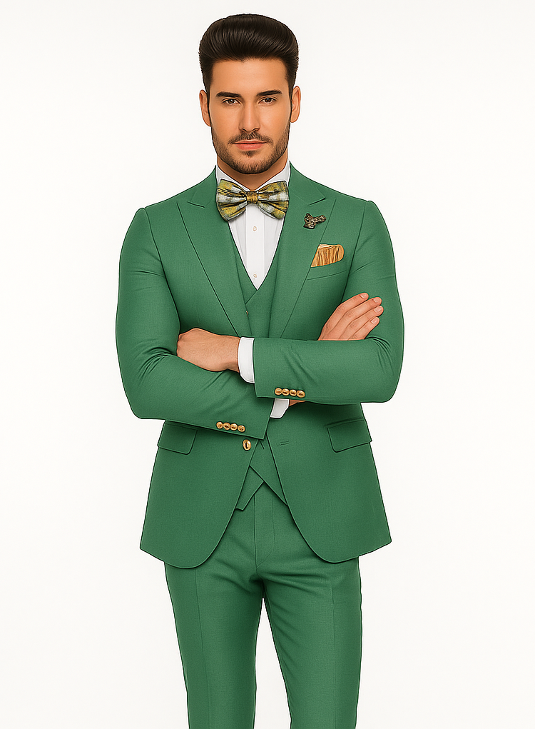 Men’s Green Slim Fit Suit by Rossiman | Stylish Double-Breasted Vest & Flat Front Pants – Italian Tailored 3-Piece Luxury Suit