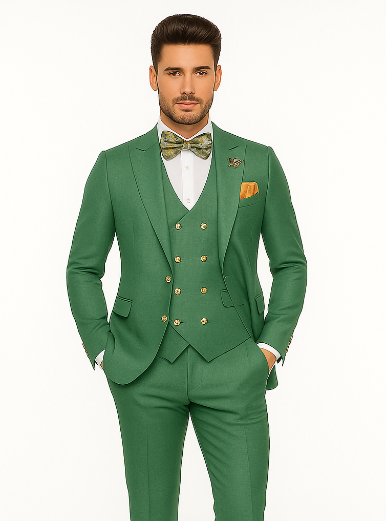 Men’s Green Slim Fit Suit by Rossiman | Stylish Double-Breasted Vest & Flat Front Pants – Italian Tailored 3-Piece Luxury Suit