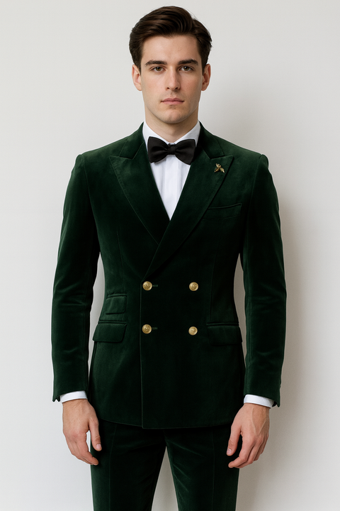 Mens Velvet Suit - Slim Fit Double Breasted Suit Blazer and Pants - Green