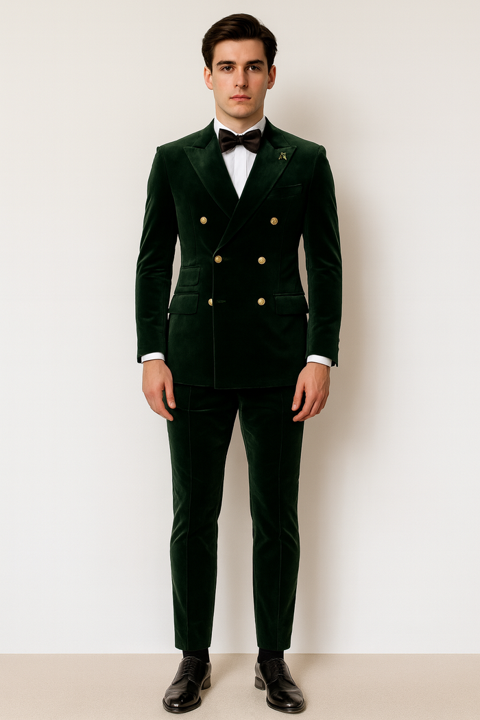Mens Velvet Suit - Slim Fit Double Breasted Suit Blazer and Pants - Green