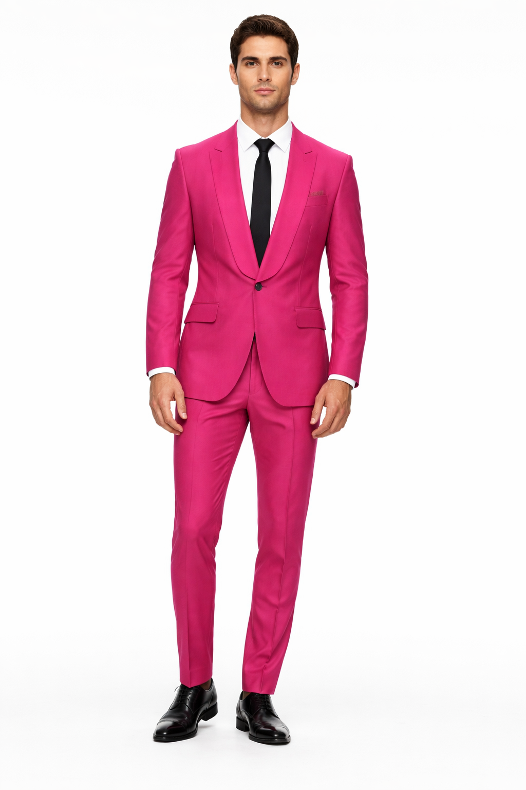 Mens Hot Pink Tuxedo Dinner Jacket + Pants with Shawl Lapel – Slim Fit 2-Piece Suit for Weddings, Proms Suit in Fuchsia Colors