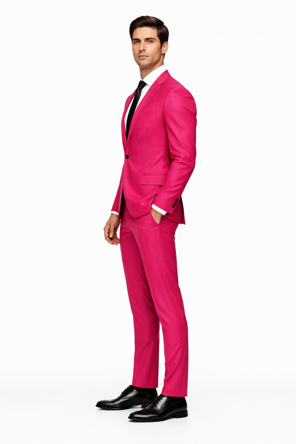 Mens Hot Pink Tuxedo Dinner Jacket + Pants with Shawl Lapel – Slim Fit 2-Piece Suit for Weddings, Proms Suit in Fuchsia Colors
