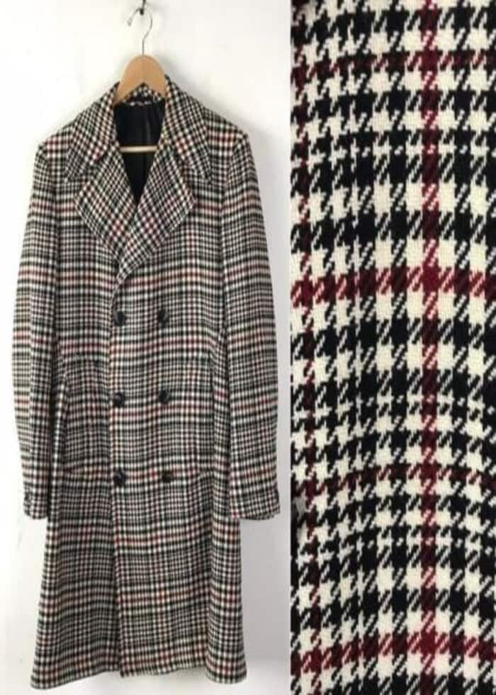 Six Button Houndstooth Wool Overcoat for Men