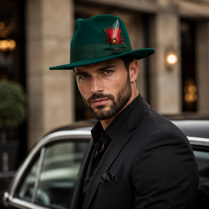 Hunter Green Wool Crushable Fedora with Removable Feather