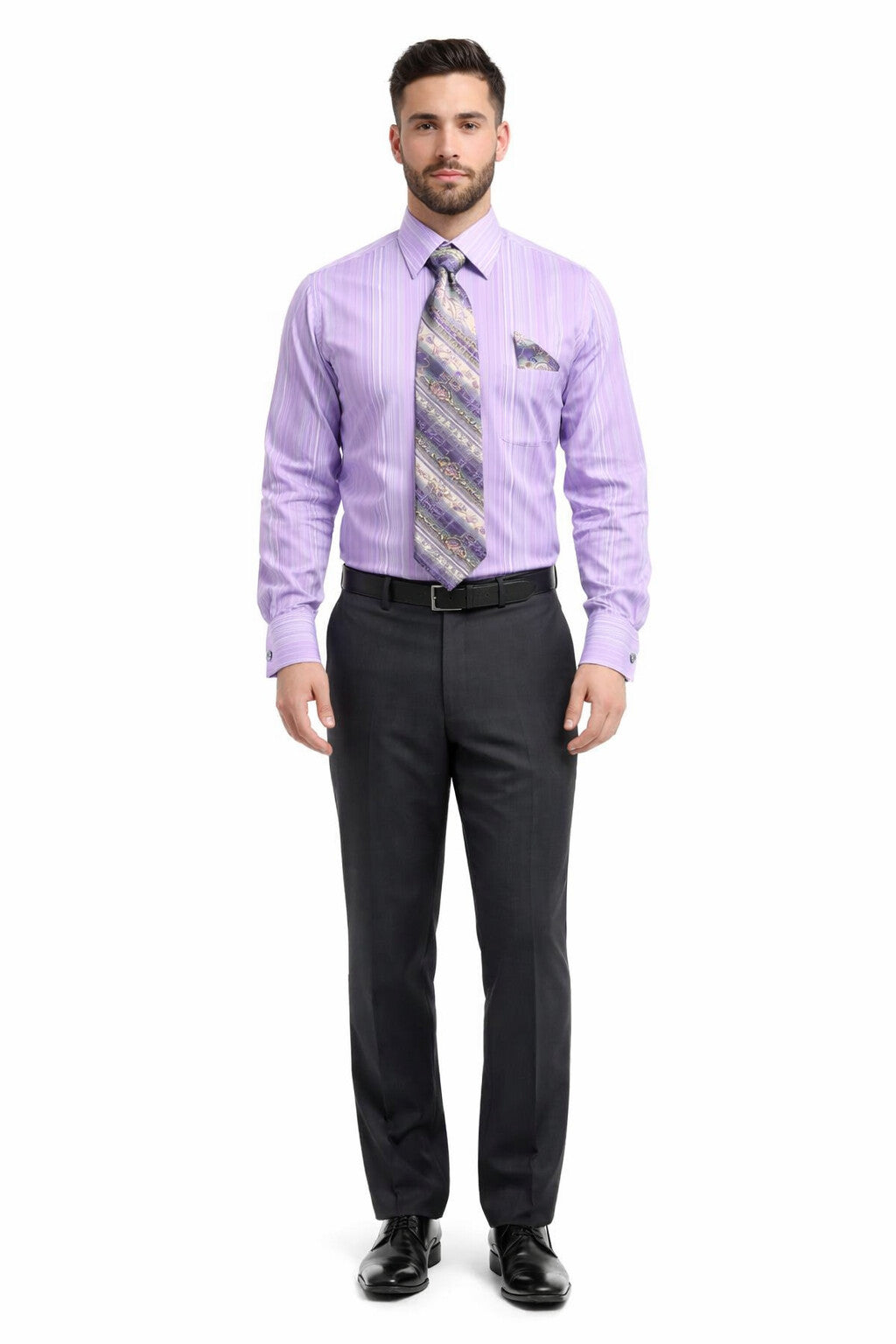 Tonal Stripe French Cuff Shirt Set - Lavender