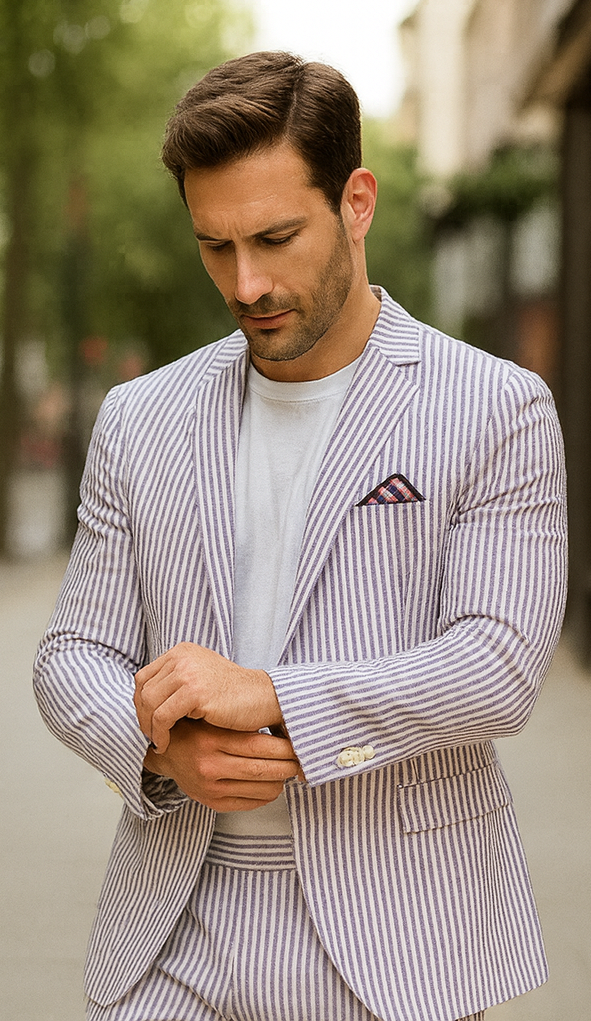 Mens Lavender Seersucker Suit Blazer + Pants Cotton Fabric - Summer Fabric