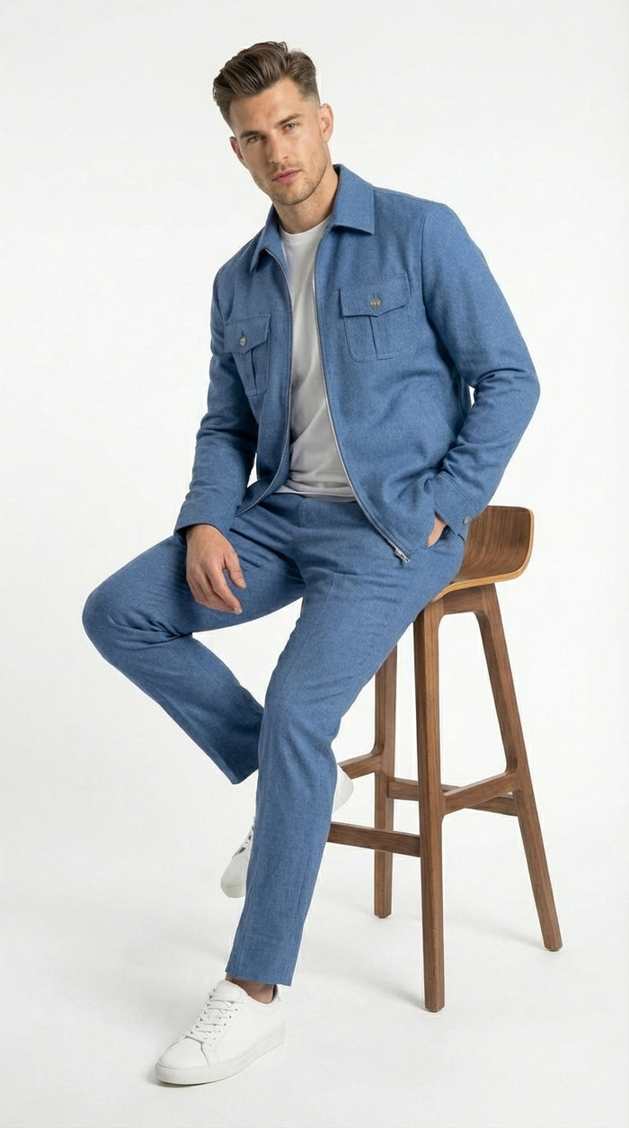 Mens Light Blue Walking Suit Set – Safair Military Casual Jacket and Pants Outfit for Travel, Vacation, Streetwear