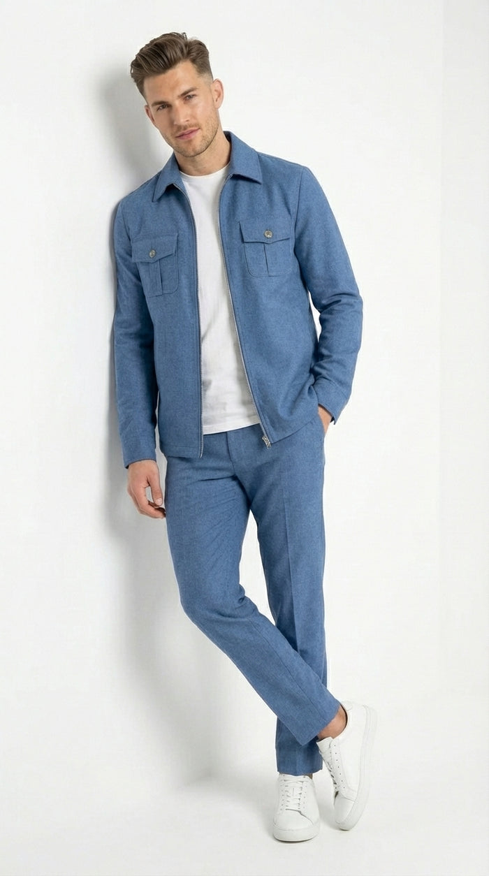 Mens Light Blue Walking Suit Set – Safair Military Casual Jacket and Pants Outfit for Travel, Vacation, Streetwear