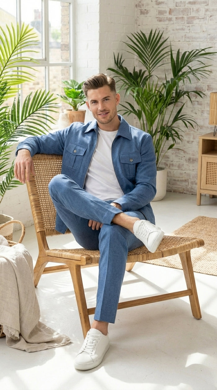 Mens Light Blue Walking Suit Set – Safair Military Casual Jacket and Pants Outfit for Travel, Vacation, Streetwear