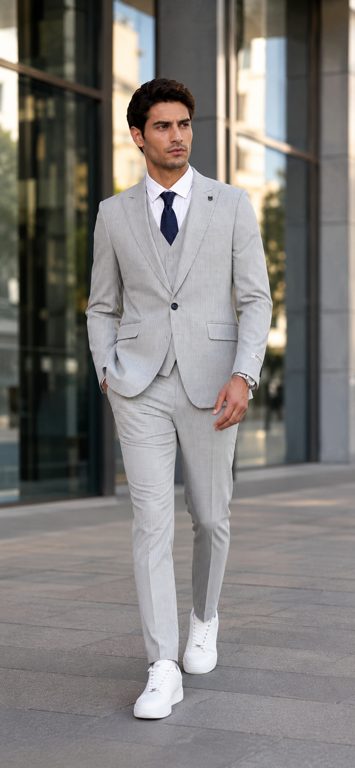 Mens Light Gray and Black Pinstripe 3 Piece Suit – Peaky Blinders Inspired Vintage Gangster 1920s Suit
