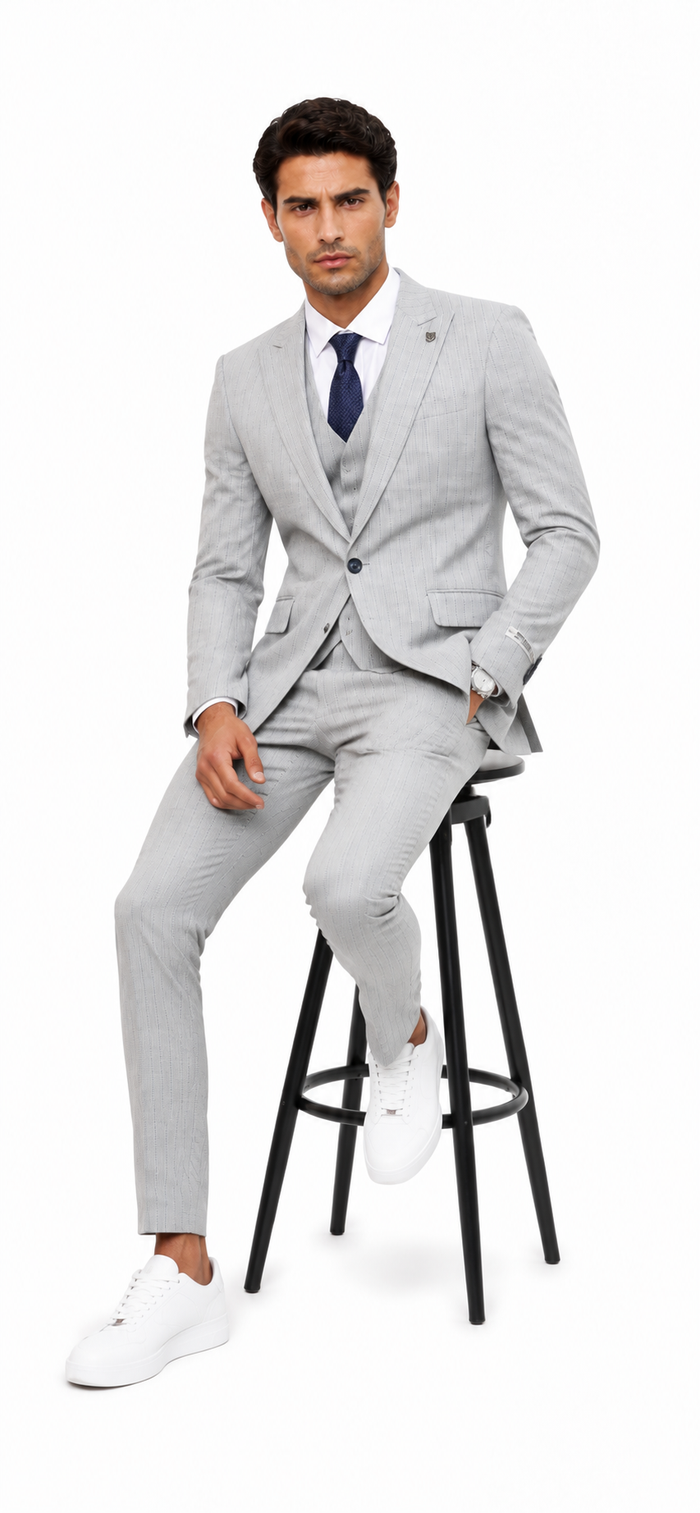 Mens Light Gray and Black Pinstripe 3 Piece Suit – Peaky Blinders Inspired Vintage Gangster 1920s Suit