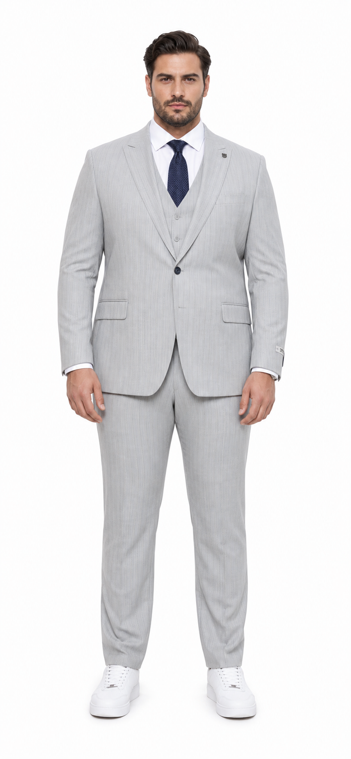 Mens Light Gray and Black Pinstripe 3 Piece Suit – Peaky Blinders Inspired Vintage Gangster 1920s Suit