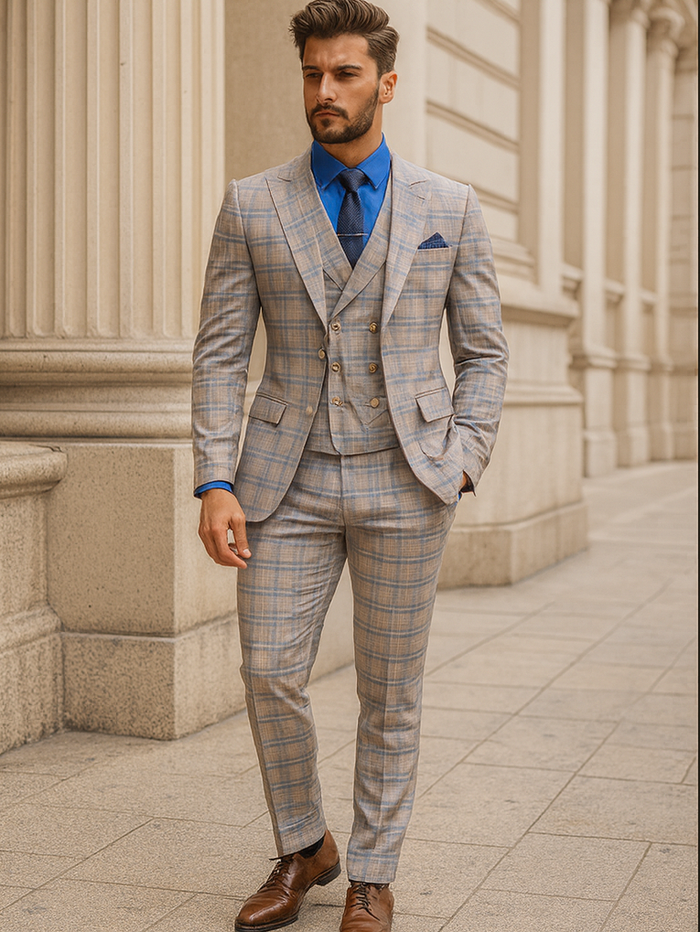 Light Plaid 3-Piece Suit with Vest for Men